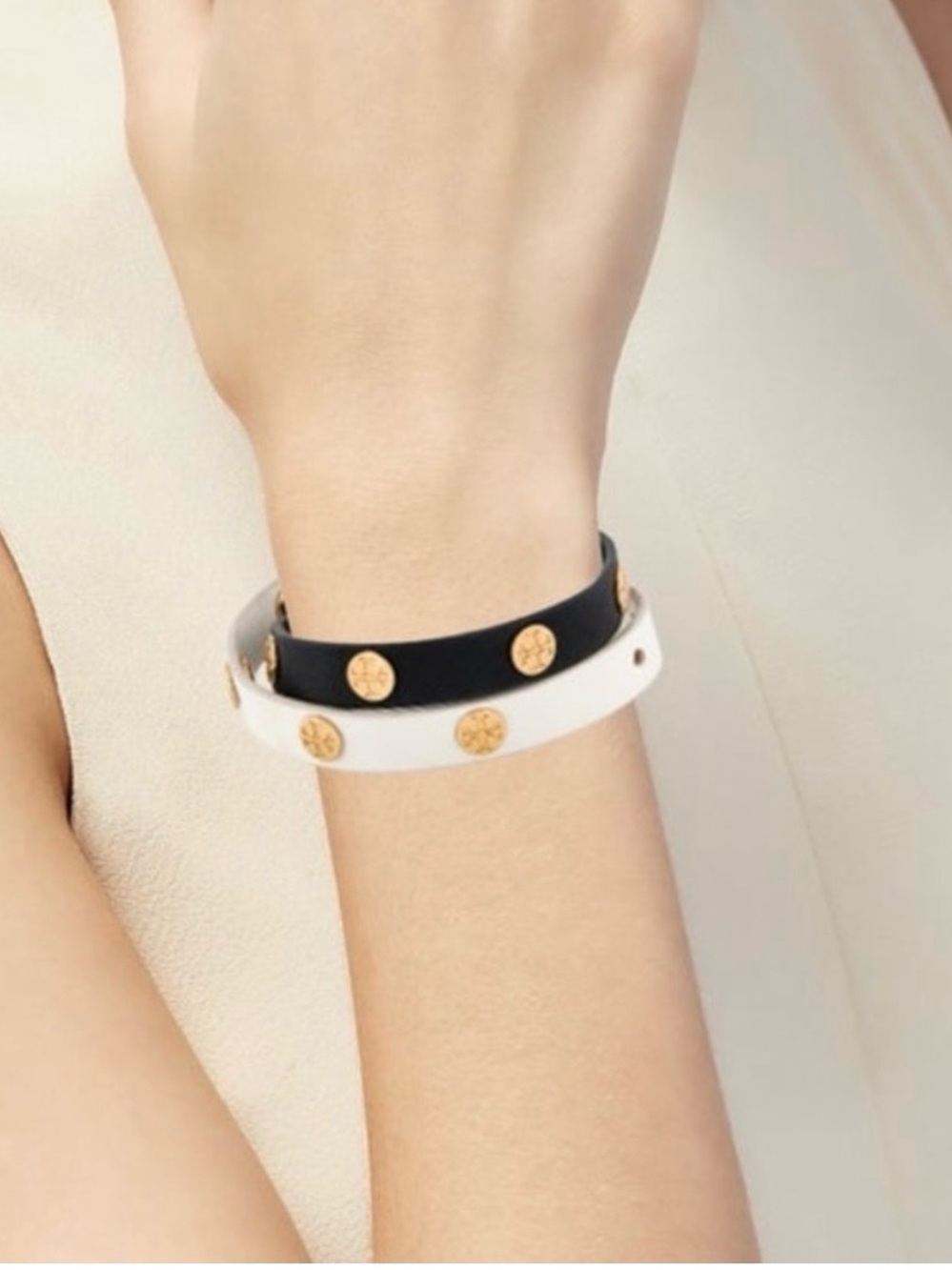 Tory Burch Black and White Double Wrap Logo Stud Bracelet One Size
